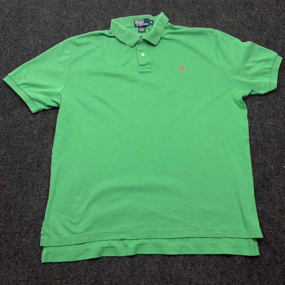 Y2K Polo by Ralph Lauren Mens Green Cotton Polo Shirt Orange Logo Size XL
